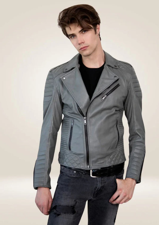 Men's Motorcycle Grey Stylish Dual Breasted Biker Leather Jacket