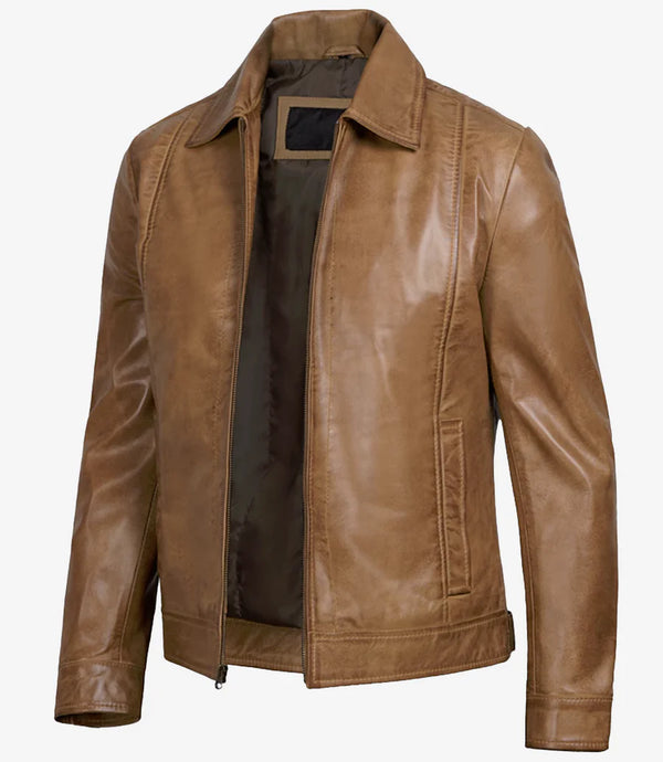 Vintage Yellow Wax Slim Fit Leather Jacket for Men