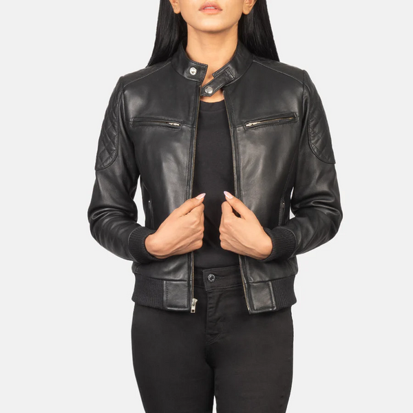 Bliss Black women’s leather jacket with quilted shoulders and padding – MadeNCraft