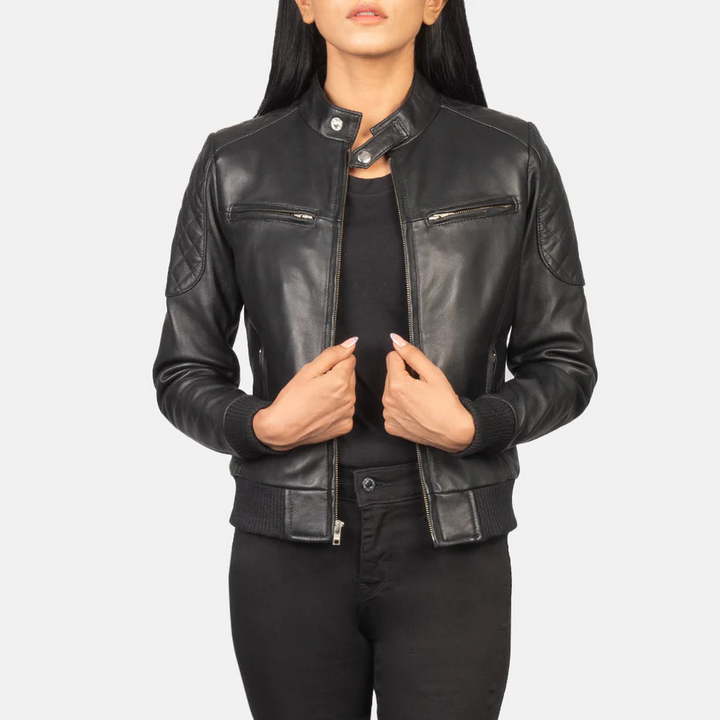 Bliss Black women’s leather jacket with quilted shoulders and padding – MadeNCraft
