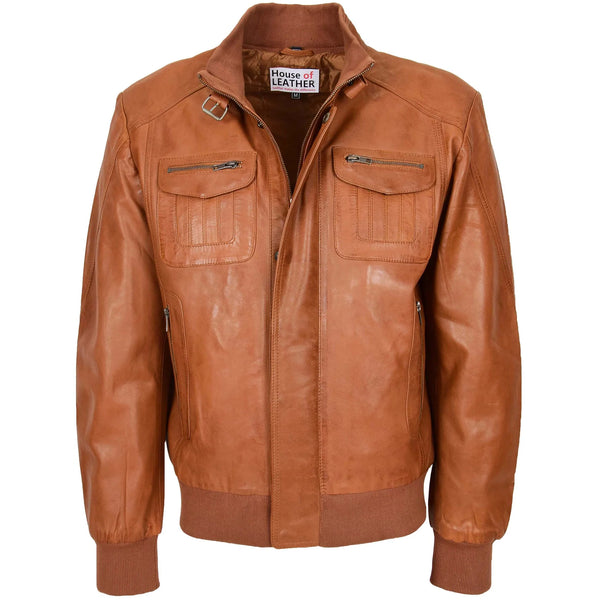 Parker Tan Brown Men’s Leather Bomber Flight Jacket