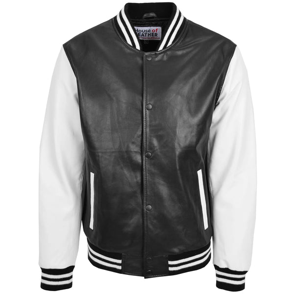 Carter Black and White Cowhide Leather Bomber Jacket for Men