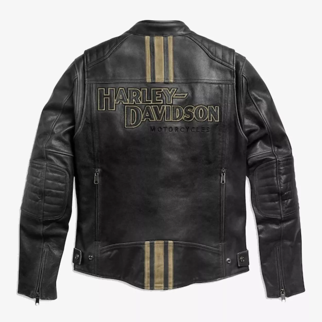 Harley Davidson Motorcycle Passing Link 2 Cowhide Pitch Black Leather Jacket with Yellow Stripes