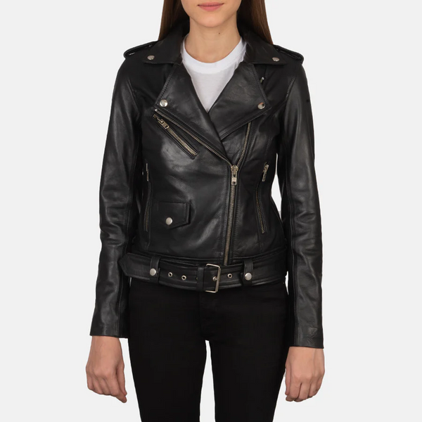Black lambskin leather motorcycle jacket for women with dual breasted design, waist belt, and stainless zippers – MadeNCraft