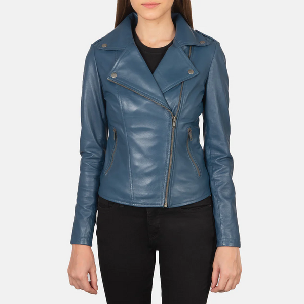 Ivory Blue Women’s Asymmetrical Dual Breasted Leather Jacket
