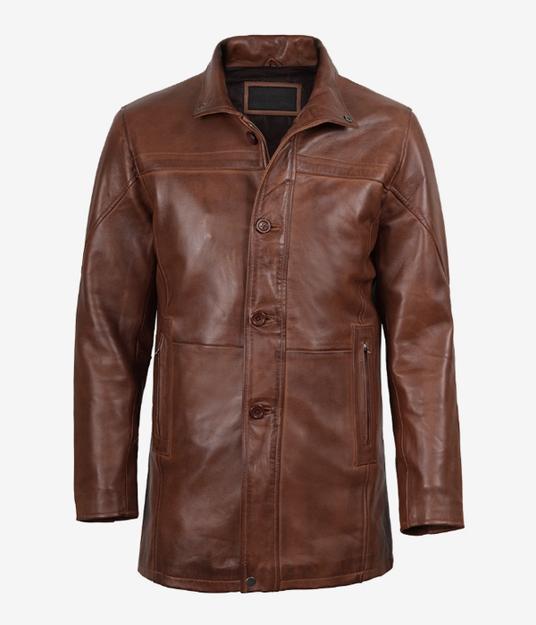 Men's Distressed Waxed Brown Lightweight Long Length Leather Overcoat for Men - Men's 3/4 Length Leather Carcoat in Tan Brown Colour