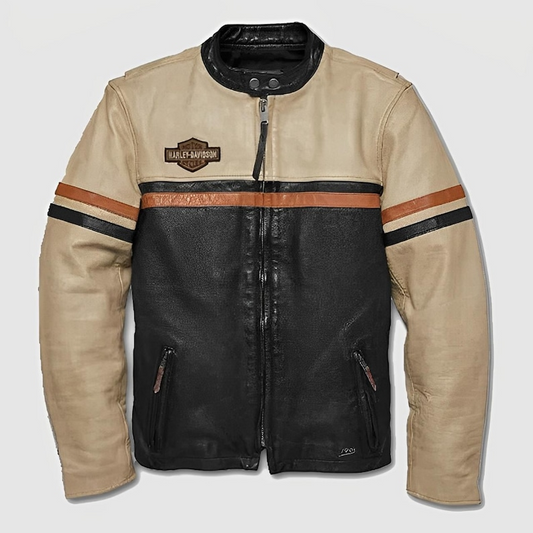 Harley Davidson Motorcycle #1 Beige Color Dual Tone Cowhide Real Leather Jacket for Men