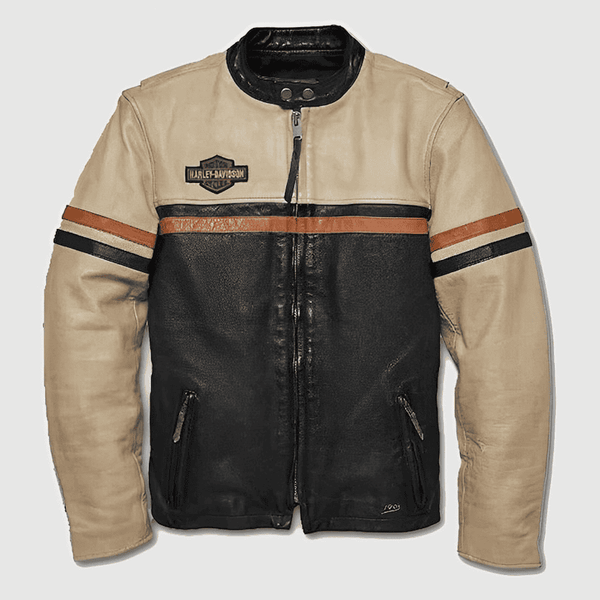 Harley Davidson Motorcycle #1 Beige Color Dual Tone Cowhide Real Leather Jacket for Men