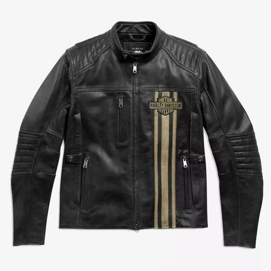 Harley Davidson Motorcycle Passing Link 2 Cowhide Pitch Black Leather Jacket with Yellow Stripes