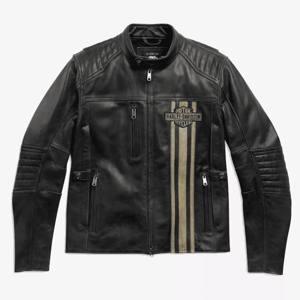 Harley Davidson Motorcycle Passing Link 2 Cowhide Pitch Black Leather Jacket with Yellow Stripes