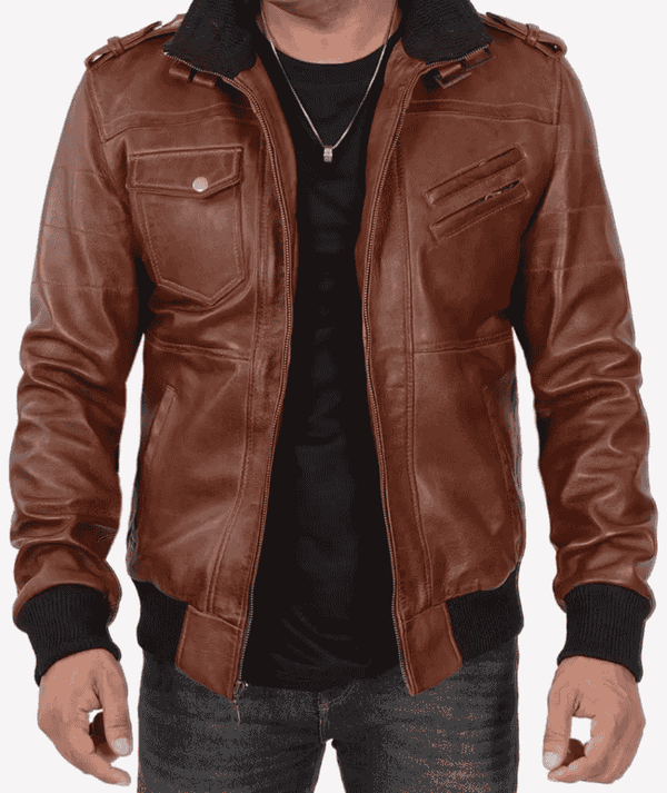 Men's Motorcycle Café Racer Brown Bomber Jacket with Removable Hood