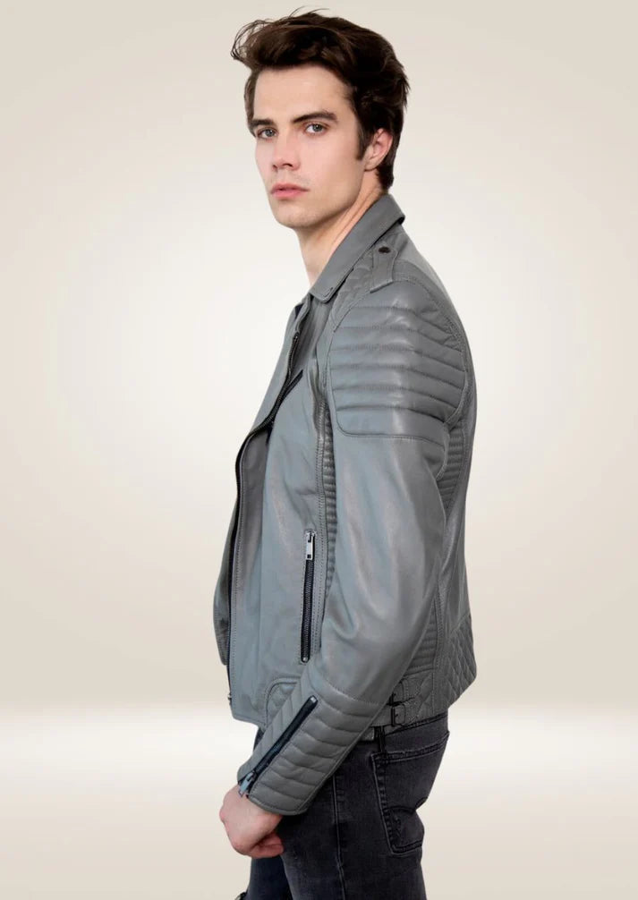 Men's Motorcycle Grey Stylish Dual Breasted Biker Leather Jacket