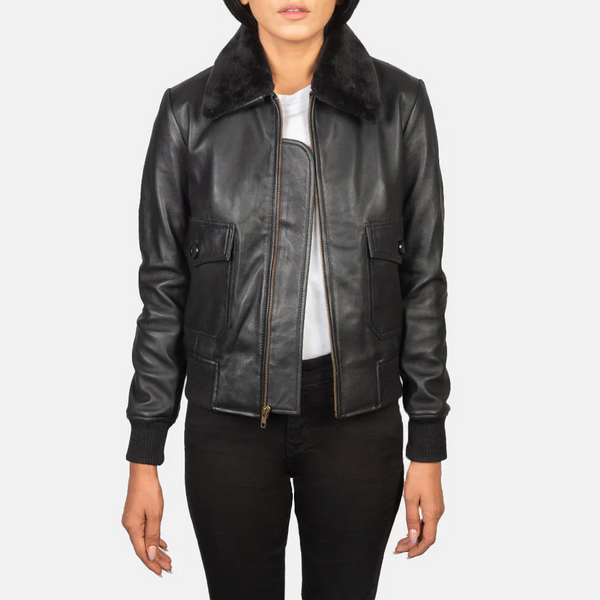 Women’s Pilot Bomber Aviator Black Leather Jacket with Removable Fur Collar