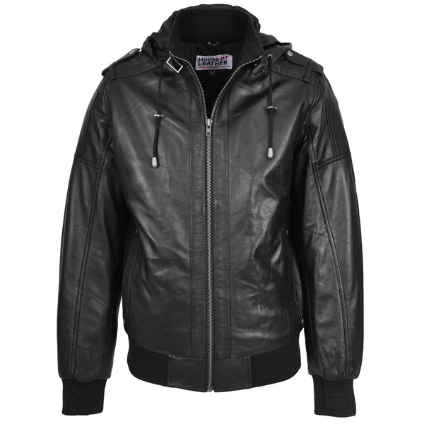Men's Motorcycle Cowhide Hooded Black Bomber Jacket