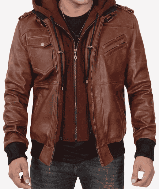 Brown leather jacket with a hood on a white background