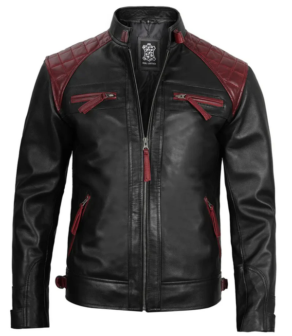 Men’s Black & Red Café Racer Leather Jacket with Quilted Shoulders