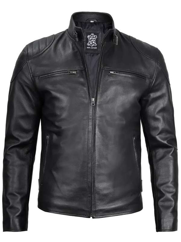 Men's Waxed Black Cafe Racer Motorcycle Real Leather Jacket