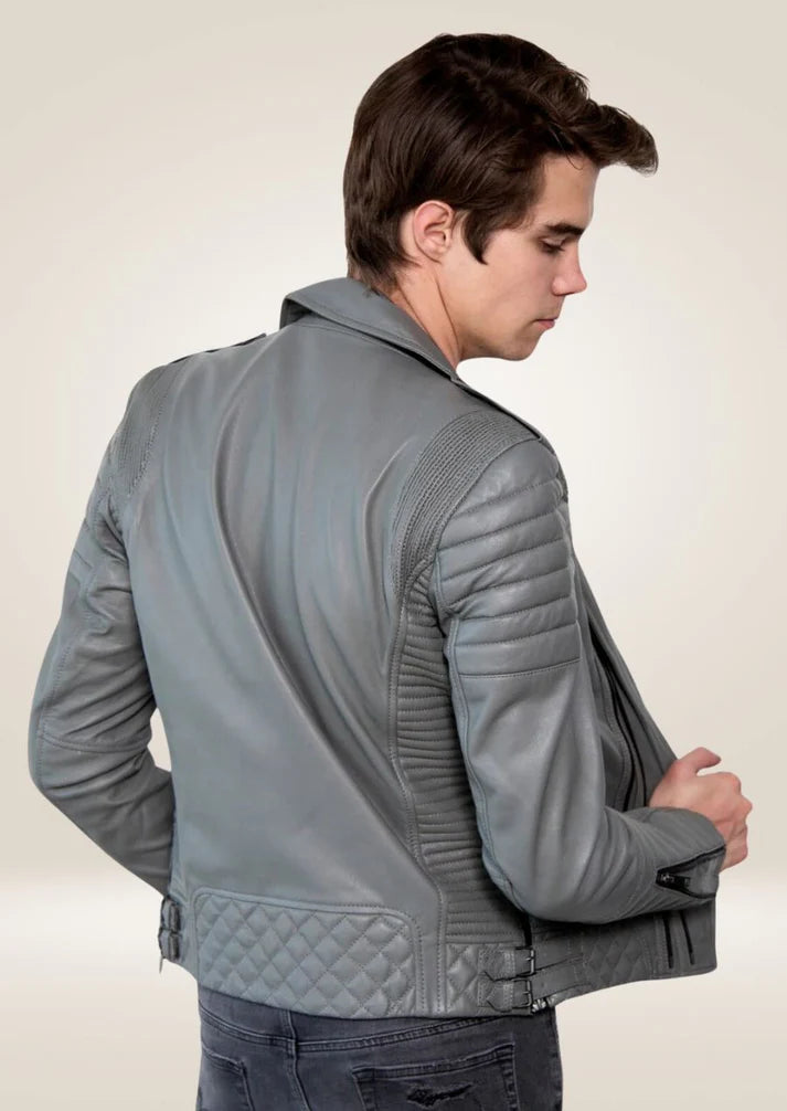 Men's Motorcycle Grey Stylish Dual Breasted Biker Leather Jacket