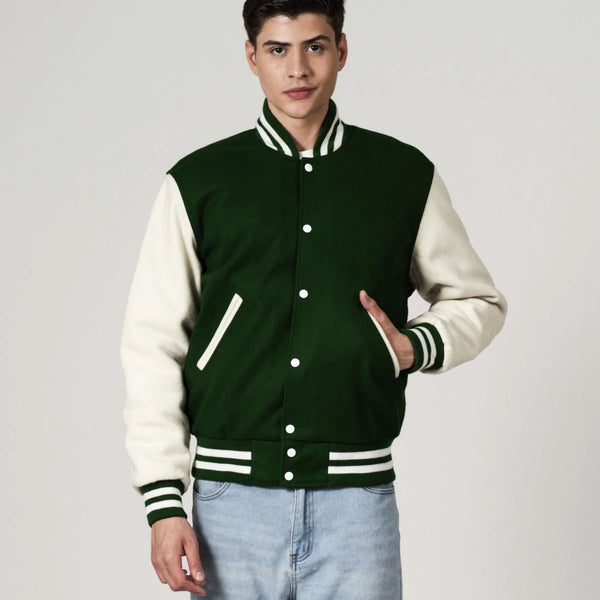 Steven All-Wool Green & White Varsity Letterman Bomber Jacket for Men