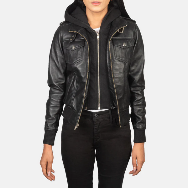 Alice Black women’s bomber leather jacket with removable hood – MadeNCraft