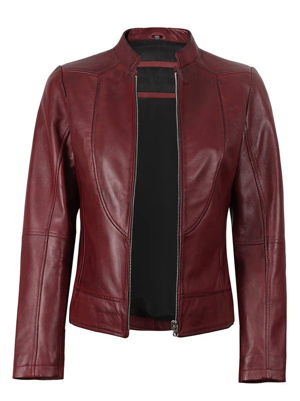 Genuine Maroon Moto Leather Jacket for Women