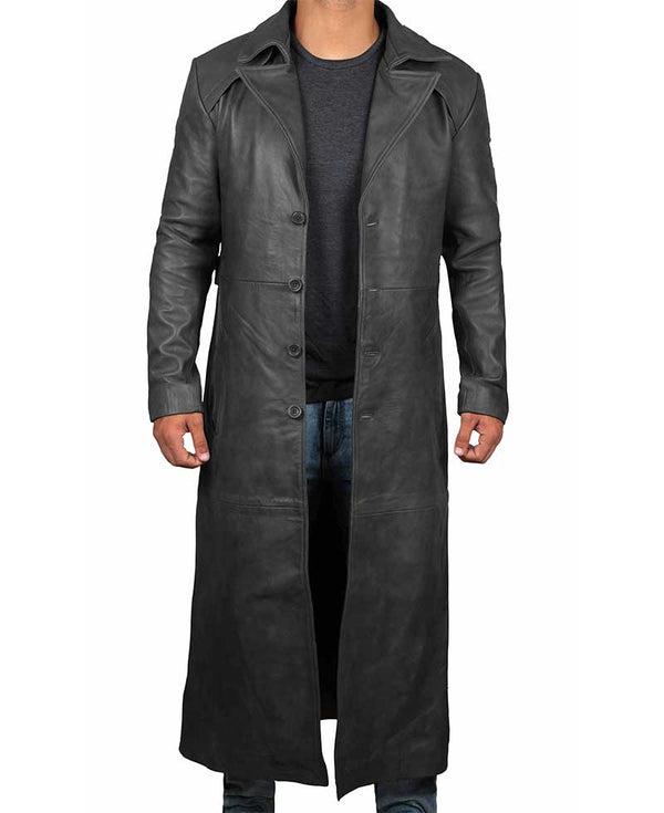 Charcoal Black Knee Length German Leather Overcoat for Men