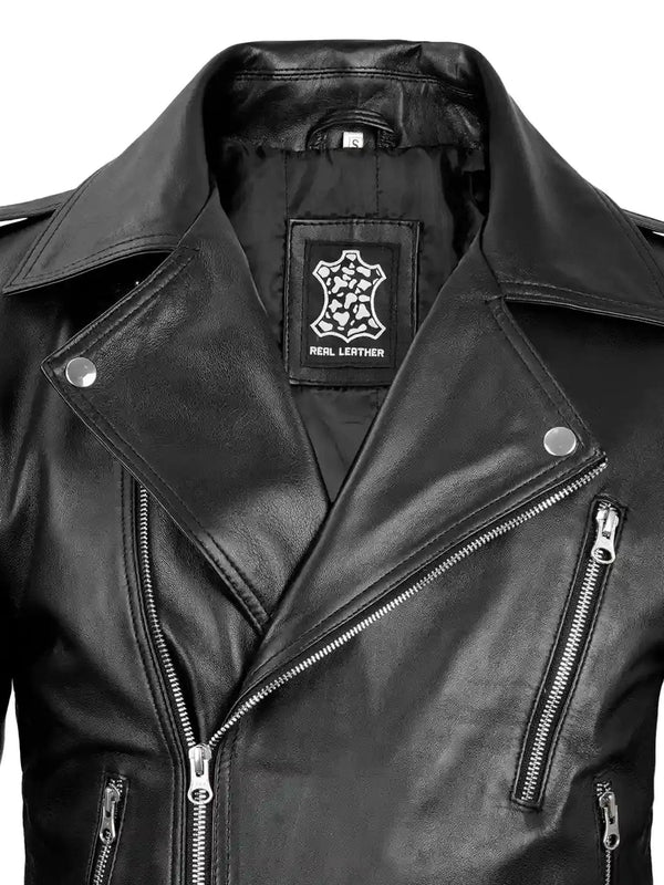 Grayson Black Asymmetrical Belted Leather Biker Jacket for Men