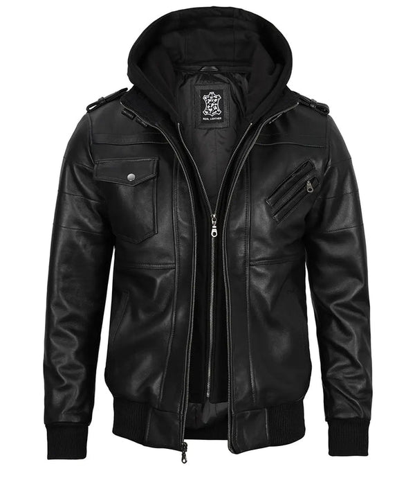 Edinburgh Classic Men’s Black Leather Bomber Hoodie Jacket