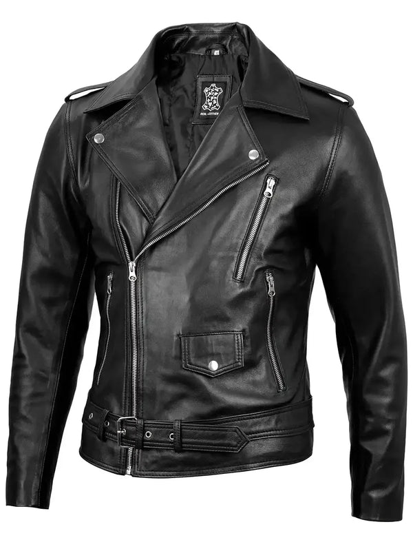 Grayson Black Asymmetrical Belted Leather Biker Jacket for Men