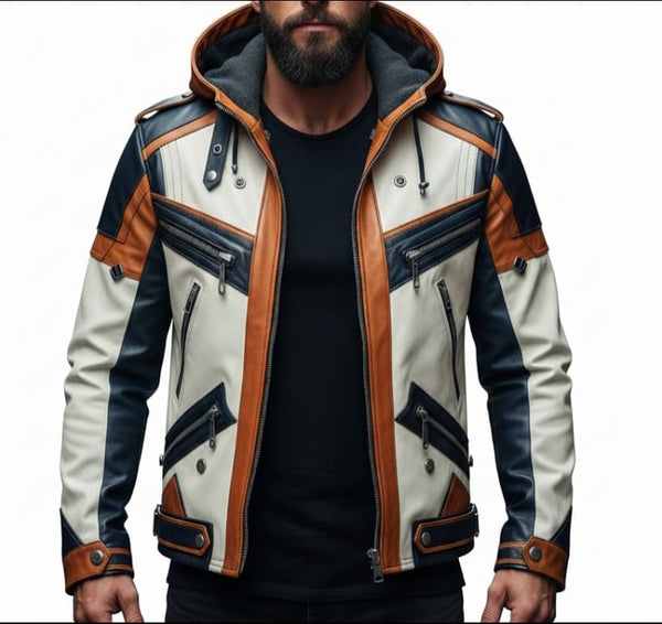 Galaxy Racer White Cosplay Leather Jacket for Men with Hood