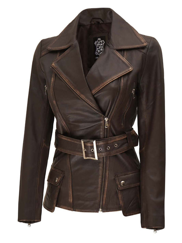 Vintage Brown Asymmetrical Distressed Leather Biker Jacket for women
