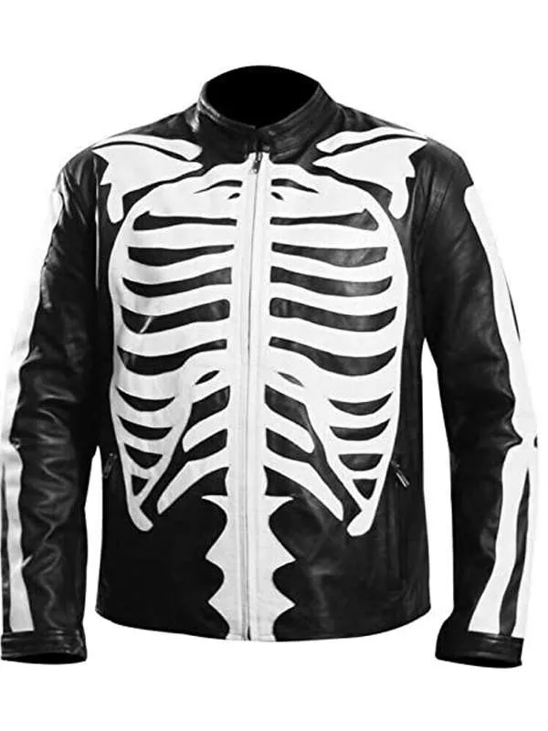 Skeleton Bones Halloween Black Cosplay Costume Real Leather Jacket