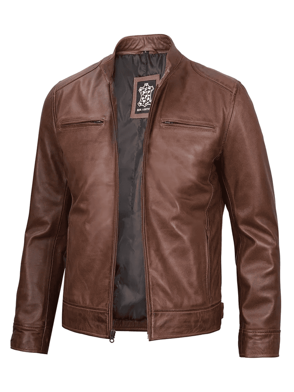 Black Waxed Casual Fit Brown Leather Jacket for Men