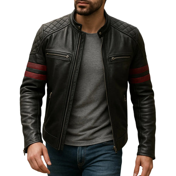 Rollins Two-Tone Black & Burgundy Quilted Leather Biker Jacket