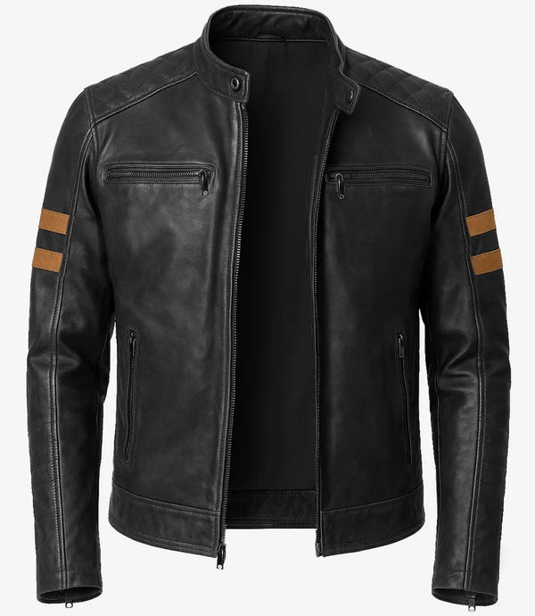 Premium-Biker Black Lambskin Men’s Leather Jacket with Tan Stripes