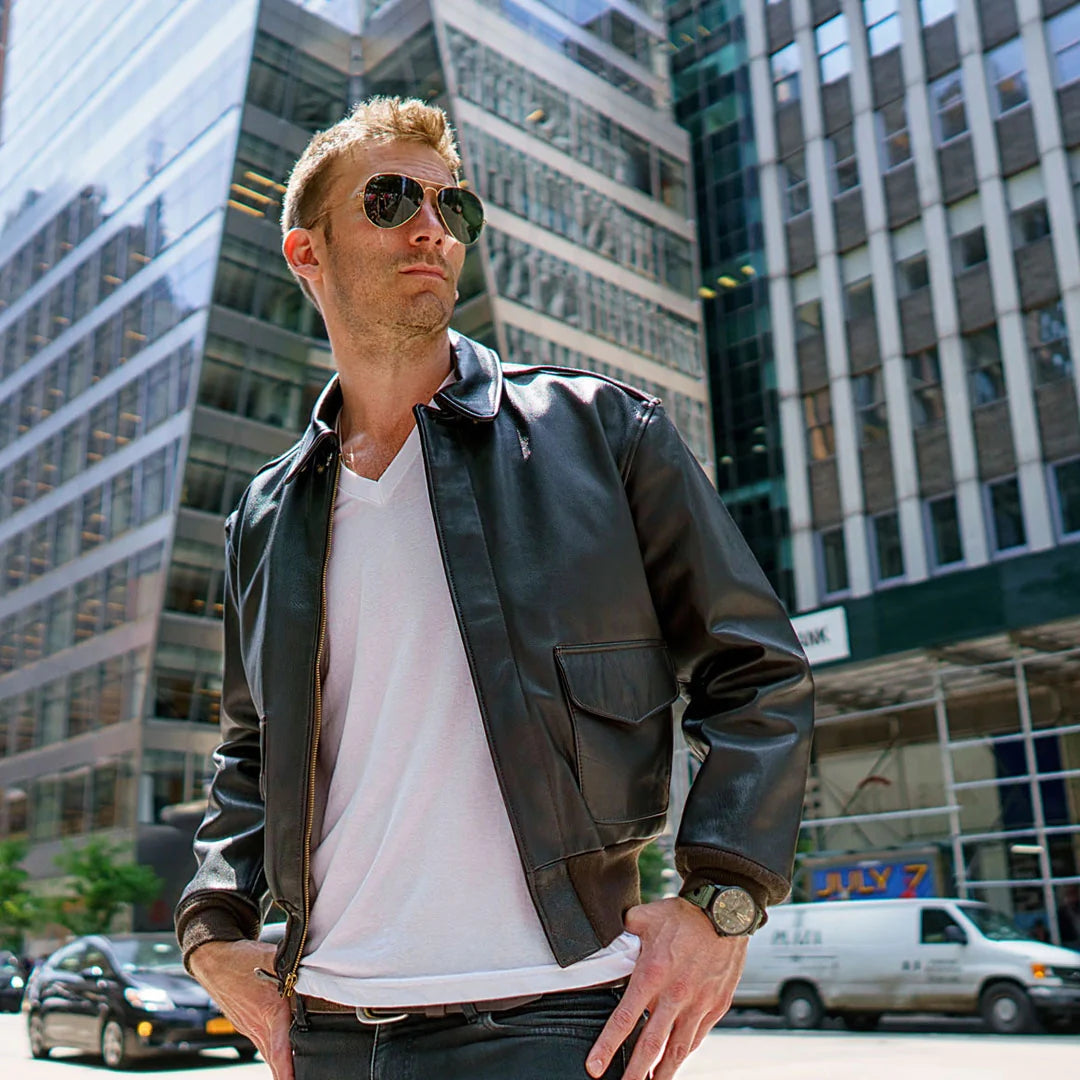 RAF Aviator WWII Distressed Black Full Grain Cowhide A2 Military Bomber Jacket - MNCLeather