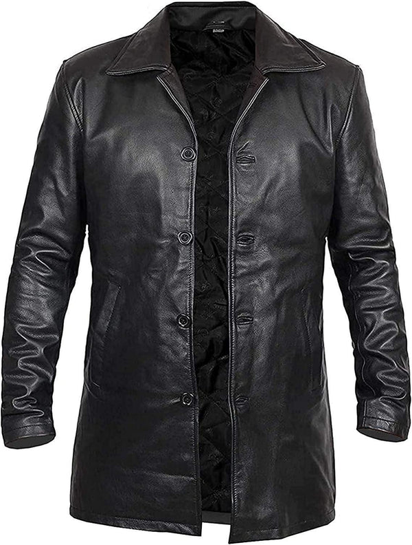 Men Piano Black Real Lambskin Long Length Leather Overcoat - 3/4 Length Genuine Leather Black Long Coat for Men - MNCLeather