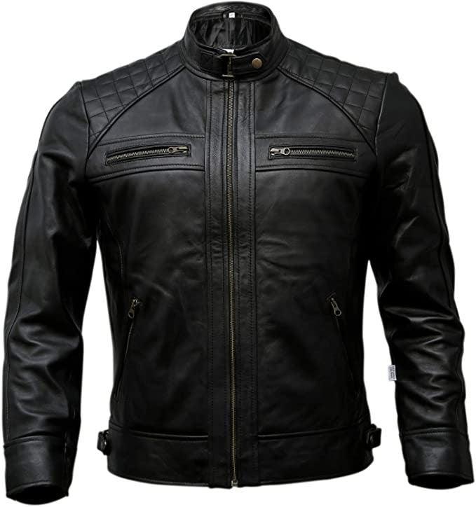 Men's High Quality Cafe Racer Motorcycle Quilted Black Genuine Leather Jacket for Men - Black Vegan Leather Jacket for Men - MNCLeather