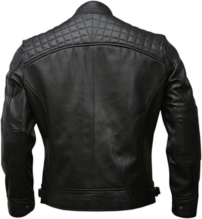 Men's High Quality Cafe Racer Motorcycle Quilted Black Genuine Leather Jacket for Men - Black Vegan Leather Jacket for Men - MNCLeather