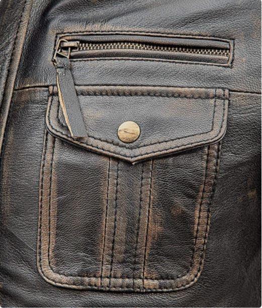 Mens Distressed Motorcycle Real Leather Jacket - Double Pocket Handmade Brown Leather Jacket For Men - MNCLeather