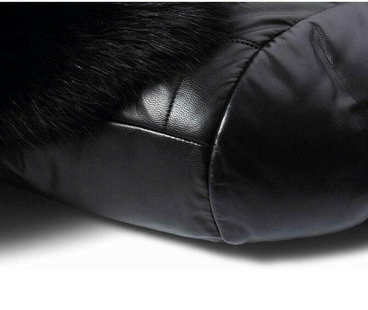 Mens Luxury Down Black Puffer Leather Jacket with Faux Fur Collar - MNCLeather