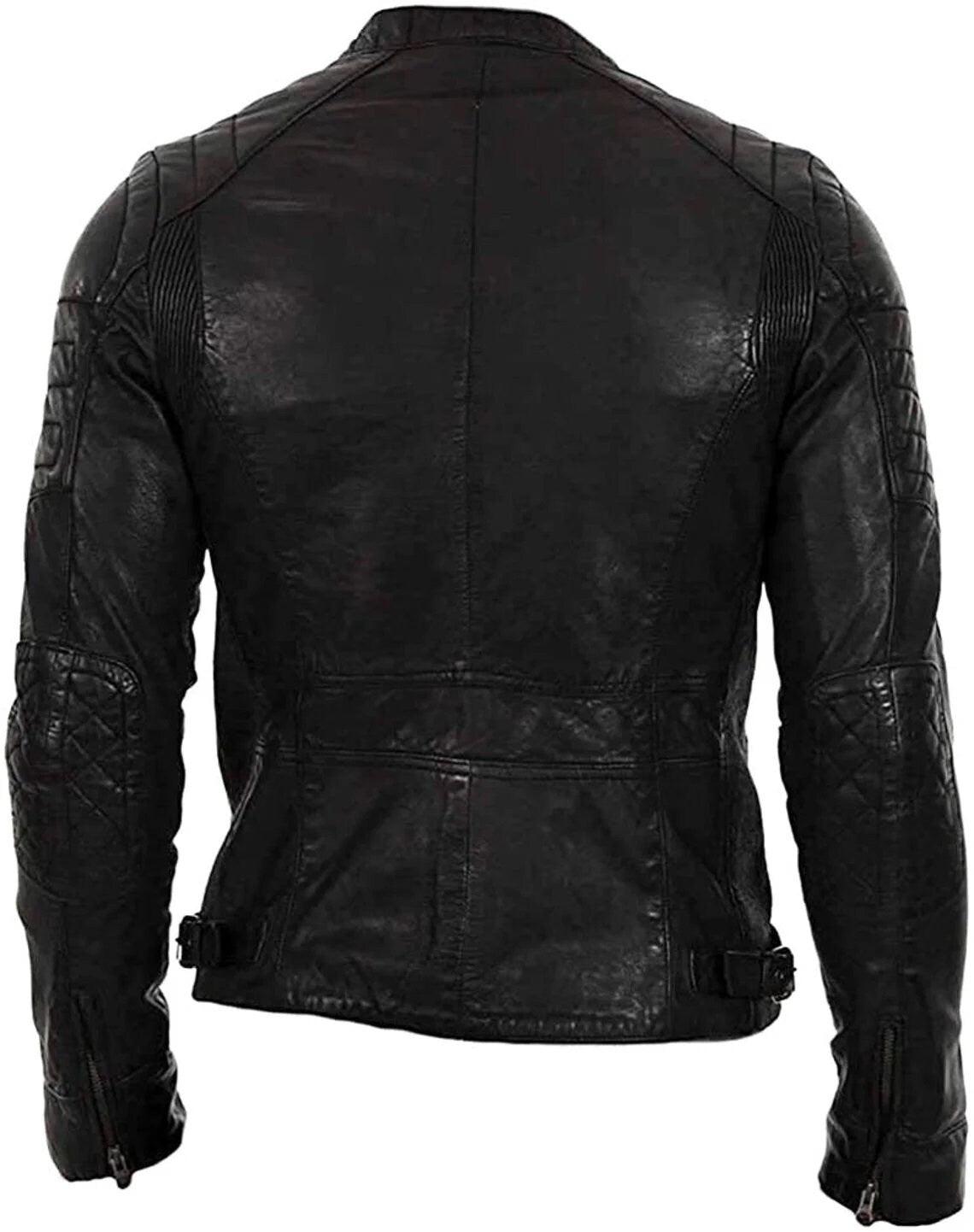 Slimfit Biker Gun Metallic Zippers Charcoal Black Real Lambskin Leather Jacket for Men - Black Motorcycle Leather Jacket - MNCLeather